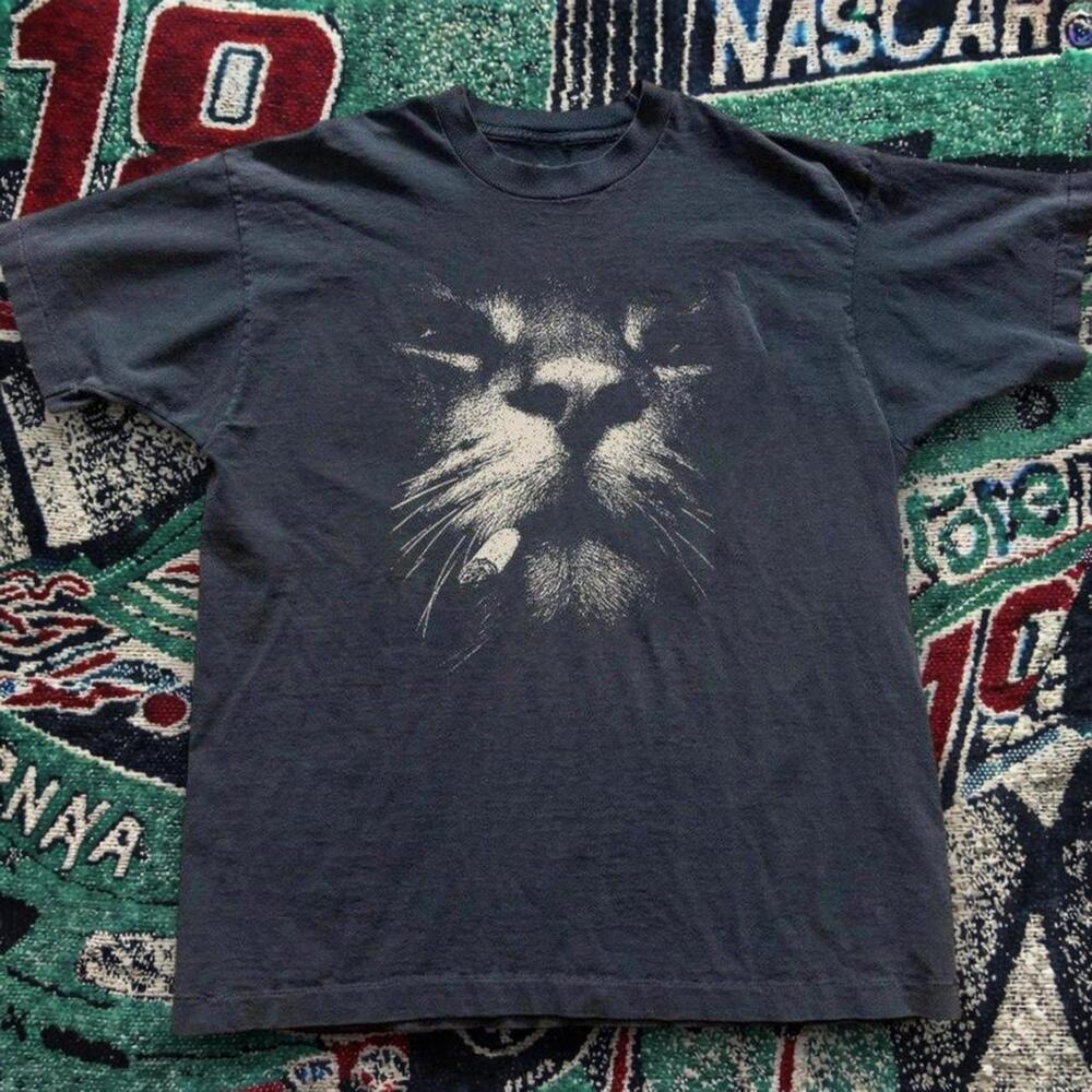 Faded Black Lion Face Graphic T-Shirt  Unisex Relaxed Fit.